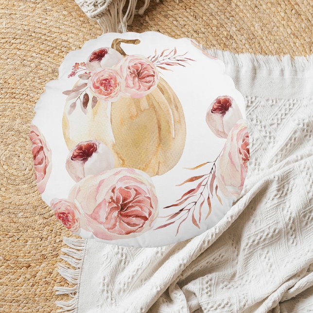 Trendy Watercolor Pumpkin & Flowers | Autumn Fall Round Pillow (Creator Uploaded)