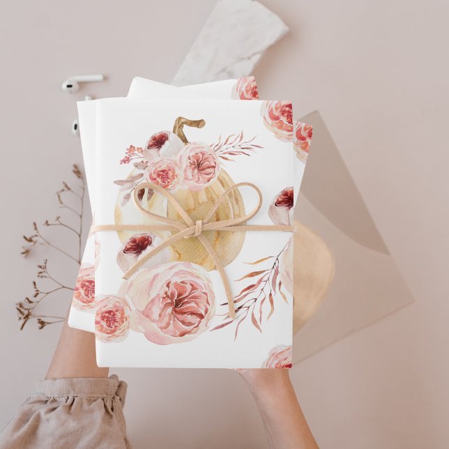 Trendy Watercolor Pumpkin & Flowers | Autumn Fall Wrapping Paper Sheet (Creator Uploaded)