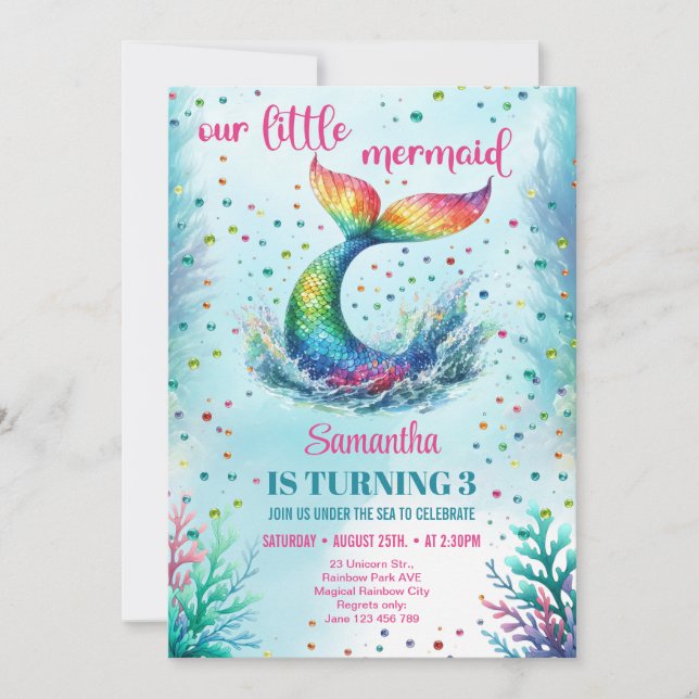 Trendy watercolor rainbow mermaid tail birthday invitation (Front)