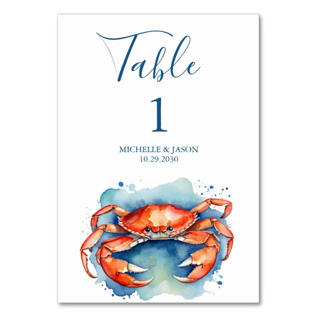 Trendy Watercolor Red Crab Nautical  Table Number (Front)