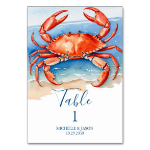 Trendy Watercolor Red Crab Nautical Table Number