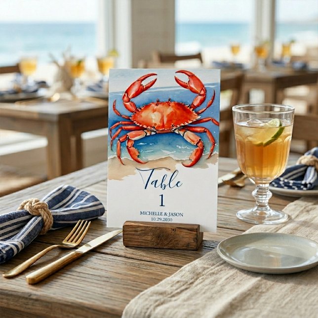 Trendy Watercolor Red Crab Nautical Table Number (Creator Uploaded)