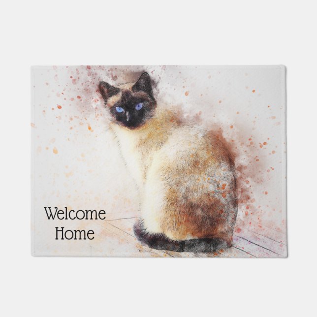Trendy Watercolor Siamese Cat Personalized Doormat (Front)