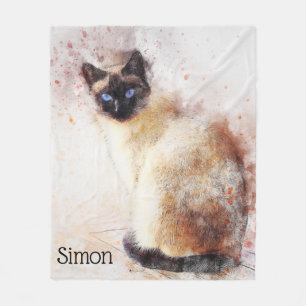 Trendy Watercolor Siamese Cat Personalized Fleece Blanket