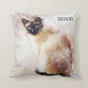 Trendy Watercolor Siamese Cat Personalized Throw Pillow
