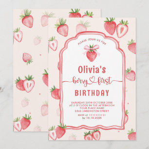 Trendy Watercolor Strawberry Baby First Birthday Invitation