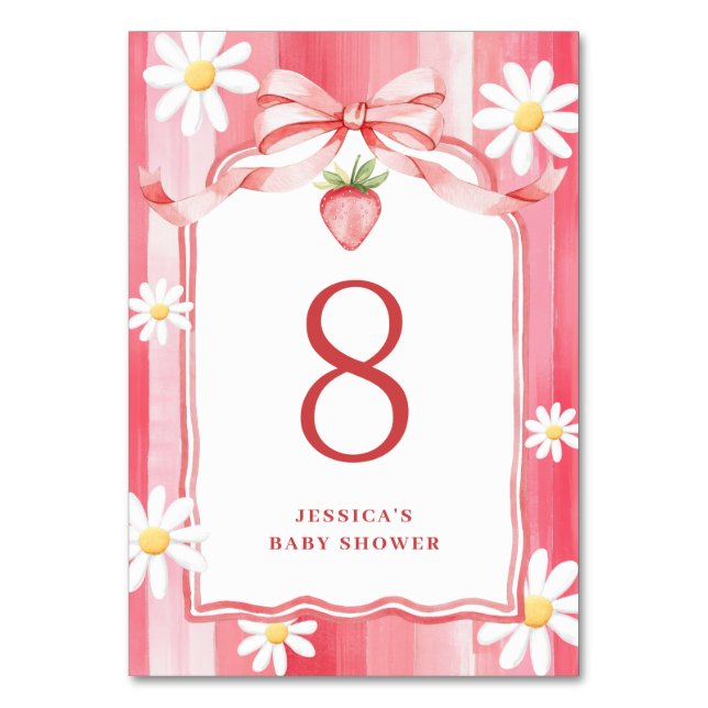 Trendy Watercolor Strawberry Baby Shower Table Number (Front)