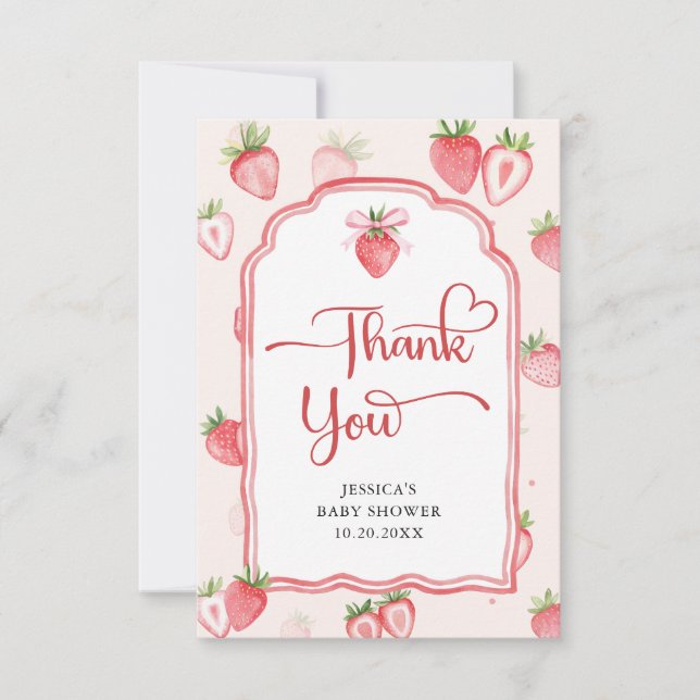 Trendy Watercolor Strawberry Baby Shower Thank You (Front)
