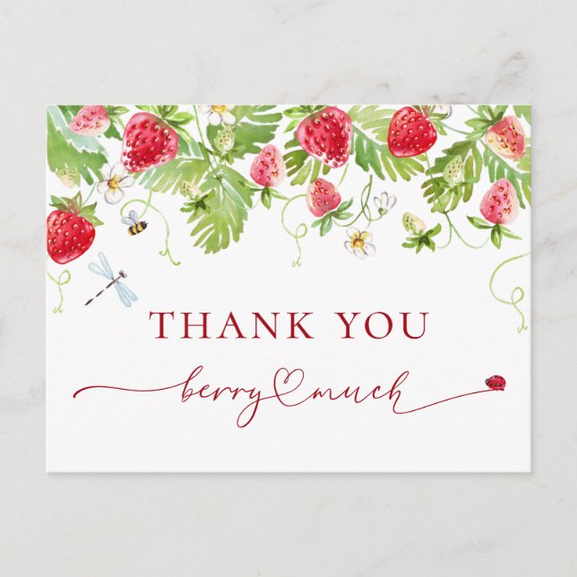 Trendy Watercolor Strawberry Baby Shower Thank You Postcard (Front)