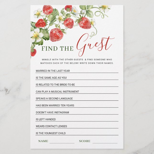 Trendy Watercolor Strawberry Bridal Shower Game (Front)