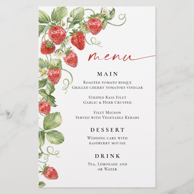Trendy Watercolor Strawberry Bridal Shower Menu (Front)