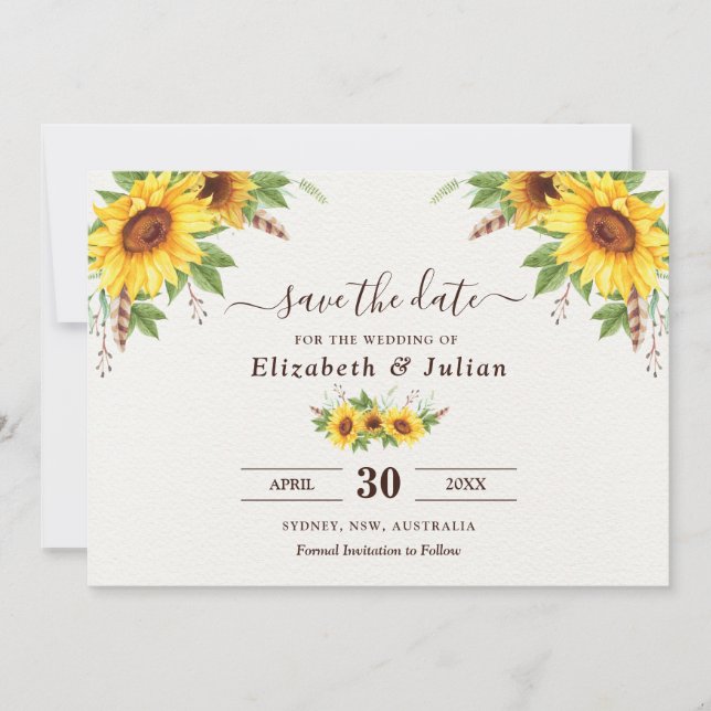 Trendy Watercolor Sunflowers Summer Save the Date Invitation (Front)