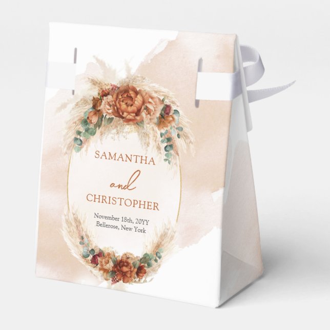 Trendy watercolor terracotta rusty burgundy pampas favor box (Back Side)