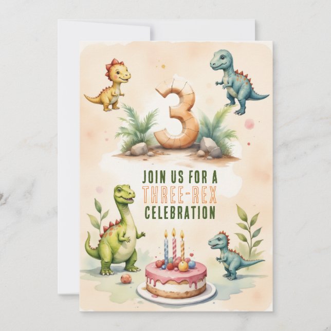 Trendy Watercolor Three-Rex  Third 3d Birthday Invitation (Front)
