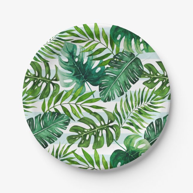 Trendy Watercolor Tropical Monstera & Palm Leaves Paper Plate (Front)