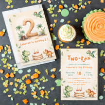 Trendy Watercolor Two-Rex  Second 2nd Birthday