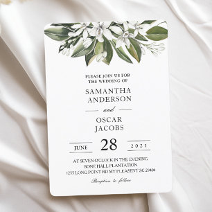 Trendy Watercolor White Flowers & Leaves Invitation