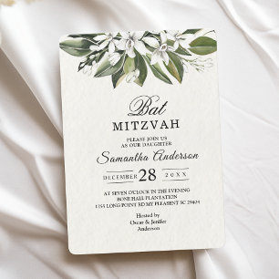 Trendy Watercolor White Flowers & Leaves Invitation