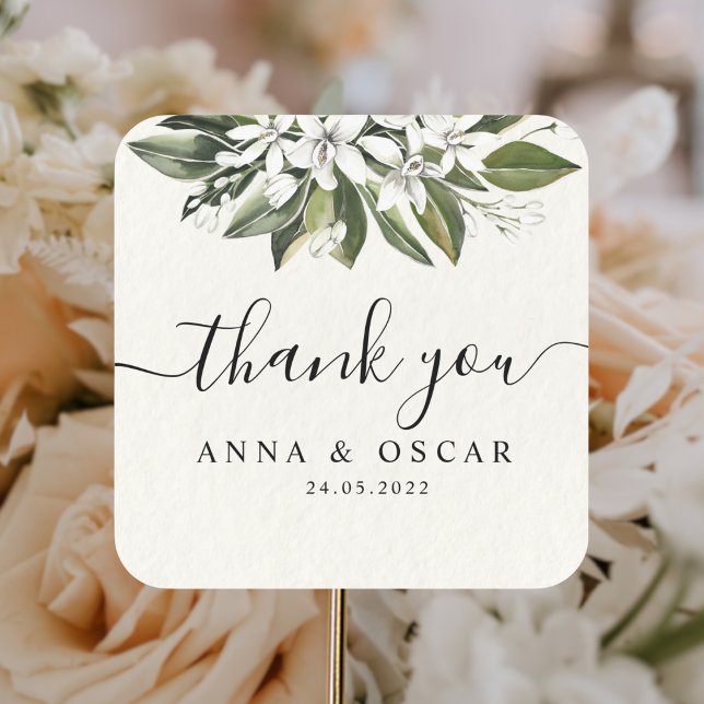 Trendy Watercolor White Flowers & Leaves Square Sticker (Creator Uploaded)