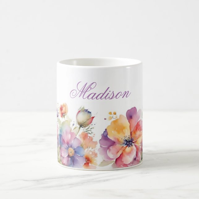 Trendy Watercolor Wildflowers Name Personalized Coffee Mug (Center)