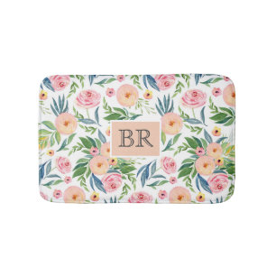 Trendy watercolors pastel pink & peach peonies bath mat