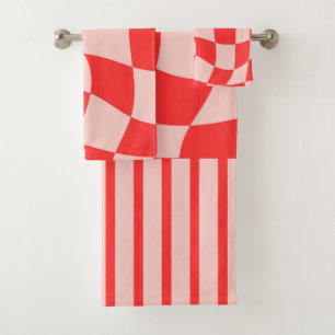 Trendy wavy checkerboard Pink Red Cute pattern Bath Towel Set