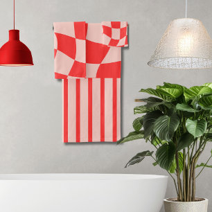 Trendy wavy chequerboard Pink Red Cute pattern Bath Towel Set