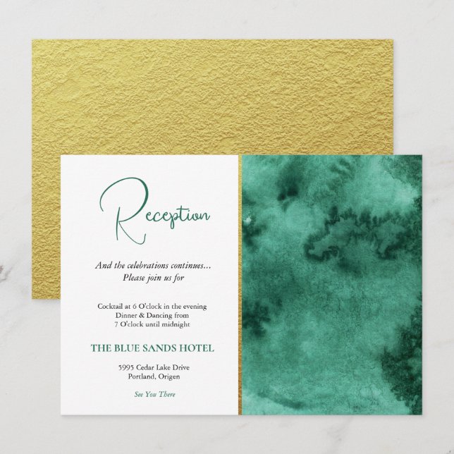 Trendy Wedding Reception Emerald Green & Gold Enclosure Card (Front/Back)