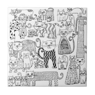 Trendy Whimsical Black and White Cat Patterned Tile