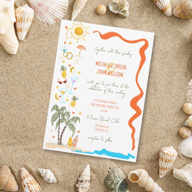 Trendy Whimsical Doodle Hand Drawn Beach Wedding Invitation (beach doodle wedding hand drawn invitation)