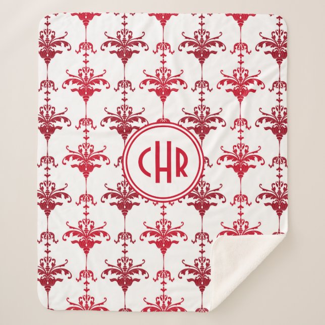 Trendy White and Red Damask Monogram Sherpa Blanket (Front)