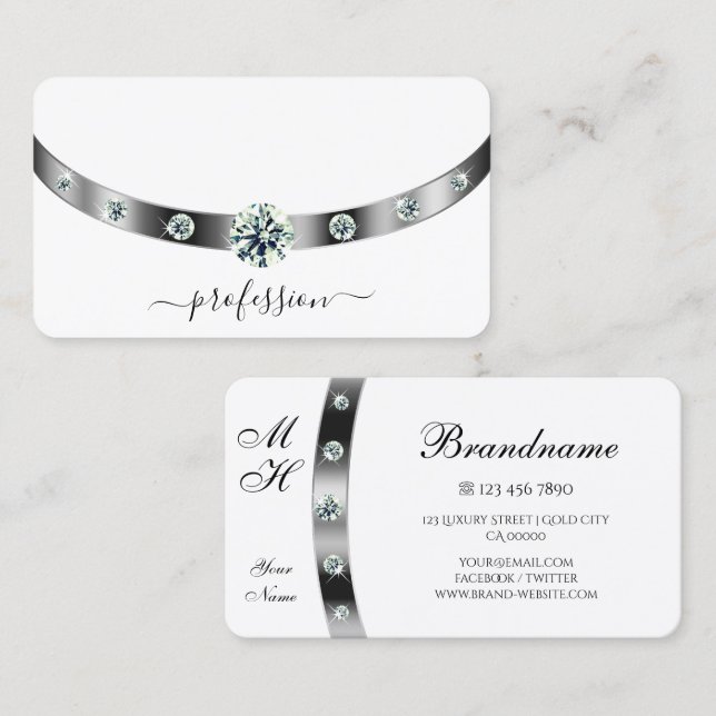 Trendy White and Silver with Diamonds Monogrammed  Business Card (Front/Back)