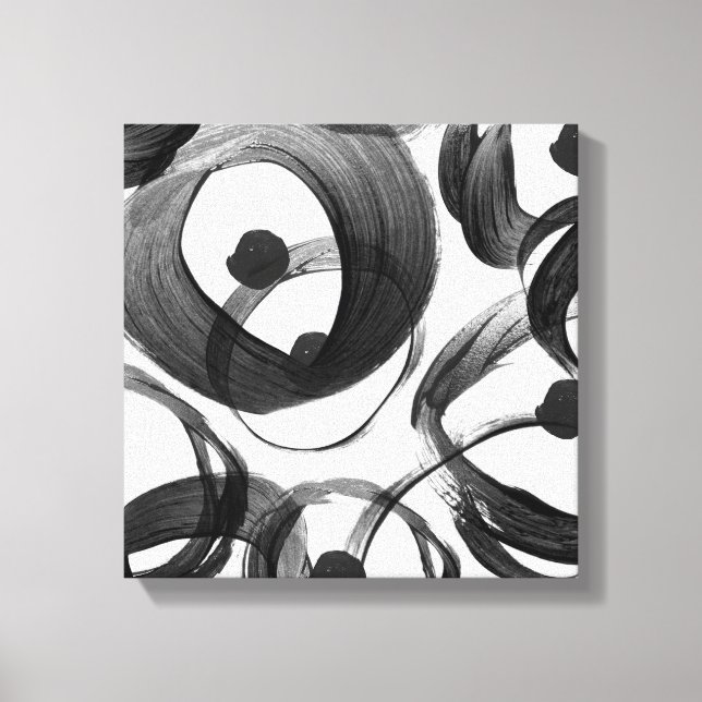 Trendy white black watercolor brushstrokes dots canvas print (Front)