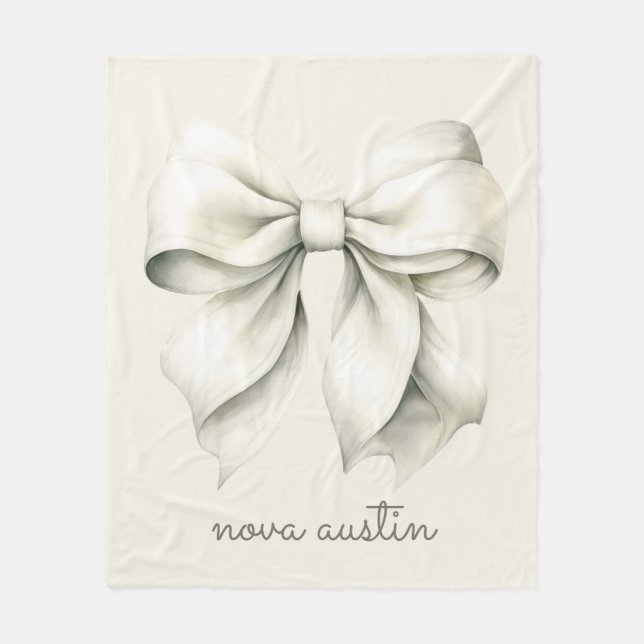 Trendy White Bow Personalized With Name Monogram Fleece Blanket (Front)
