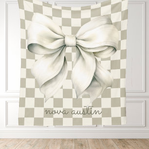 Trendy White Bow Personalized With Name Monogram Fleece Blanket