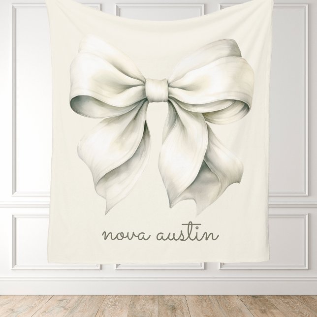 Trendy White Bow Personalized With Name Monogram Fleece Blanket (Creator Uploaded)