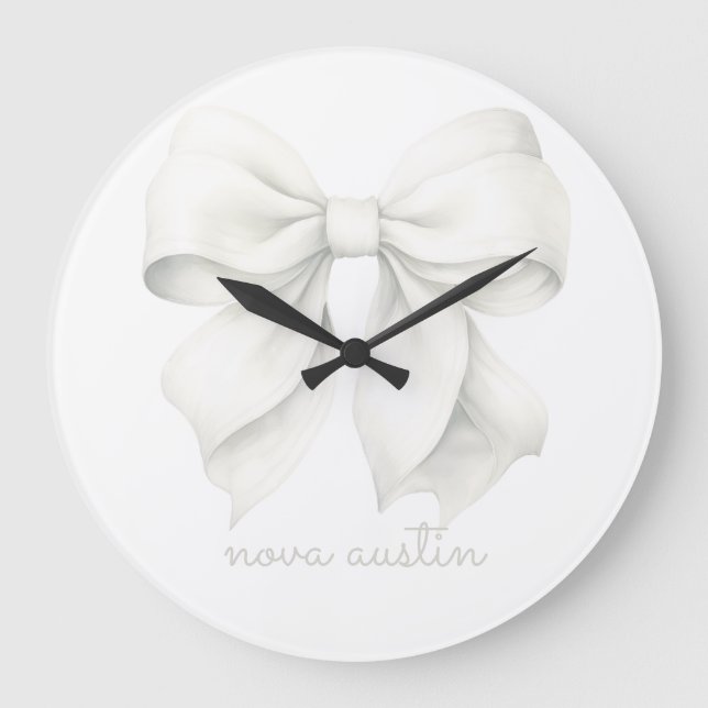 Trendy White Bow Personalized With Name Monogram Large Clock (Front)