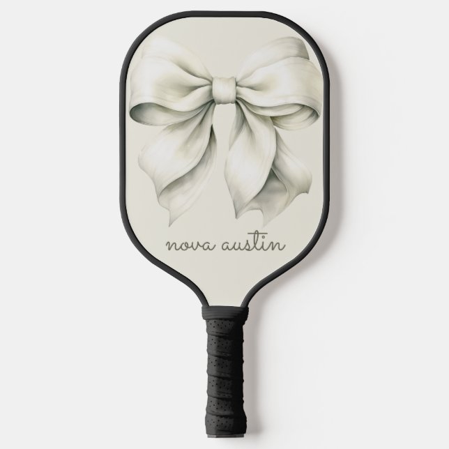 Trendy White Bow Personalized With Name Monogram Pickleball Paddle (Front)