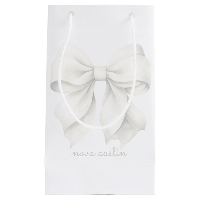 Trendy White Bow Personalized With Name Monogram Small Gift Bag (Front)