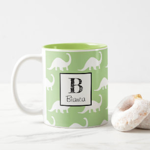 Trendy White Brontosaurus Dinosaurs Personalized Two-Tone Coffee Mug