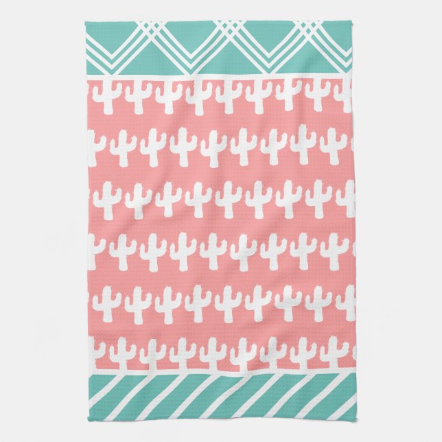 Trendy White Cactus & Geometric Kitchen Towel (Vertical)