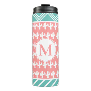 Trendy White Cactus & Geometric   Personalized Thermal Tumbler