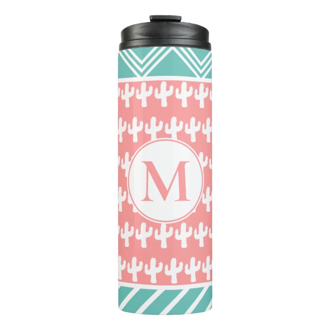 Trendy White Cactus & Geometric | Personalized Thermal Tumbler (Front)