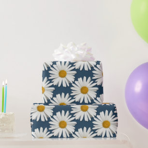 Trendy White Daisy Flowers - Navy Blue Fashion Wrapping Paper