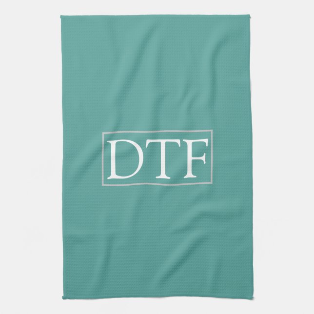 Trendy White DIY Monogram/Name LtGrey Border, Teal Kitchen Towel (Vertical)