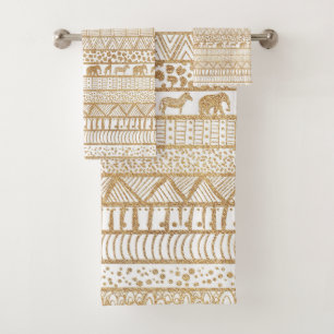 Trendy White Gold Tribal African Pattern Bath Towel Set