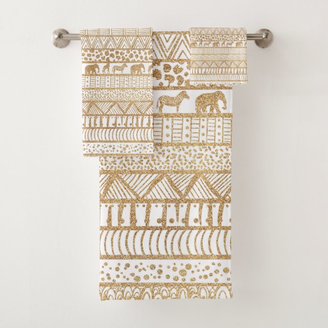Trendy White Gold Tribal African Pattern Bath Towel Set (Insitu)
