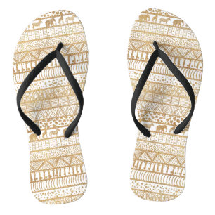 Trendy White Gold Tribal African Pattern Flip Flops