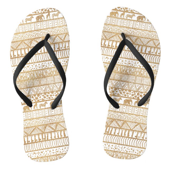 Trendy White Gold Tribal African Pattern Flip Flops (Footbed)