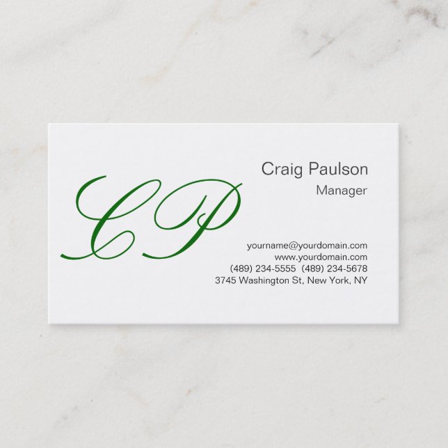 Trendy White Green Script Monogram Business Card (Front)